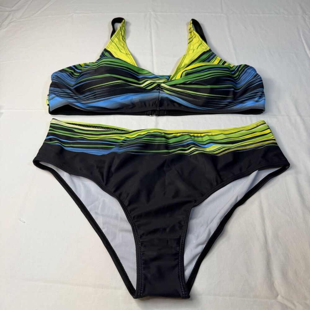 Denater 2 Piece Bikini Swimsuit High Waisted Abstract Stripe Neon Green Blue 2XL
